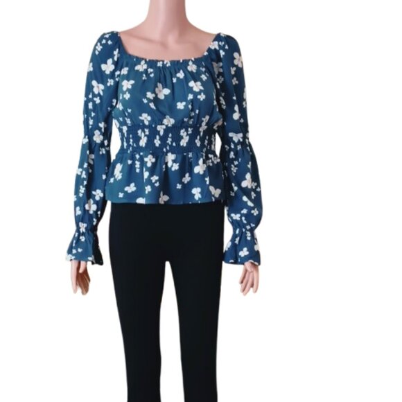 Blue Floral Smocked Ruffle Top M Puffed Sleeves Off Shoulder Blouson Blouse - Picture 2 of 13